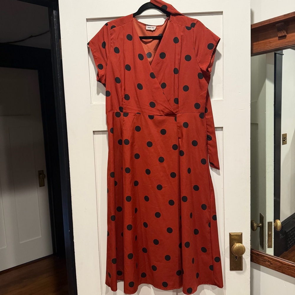 Hidden Alley Polka Dot Dress in Rust and Black, Size L